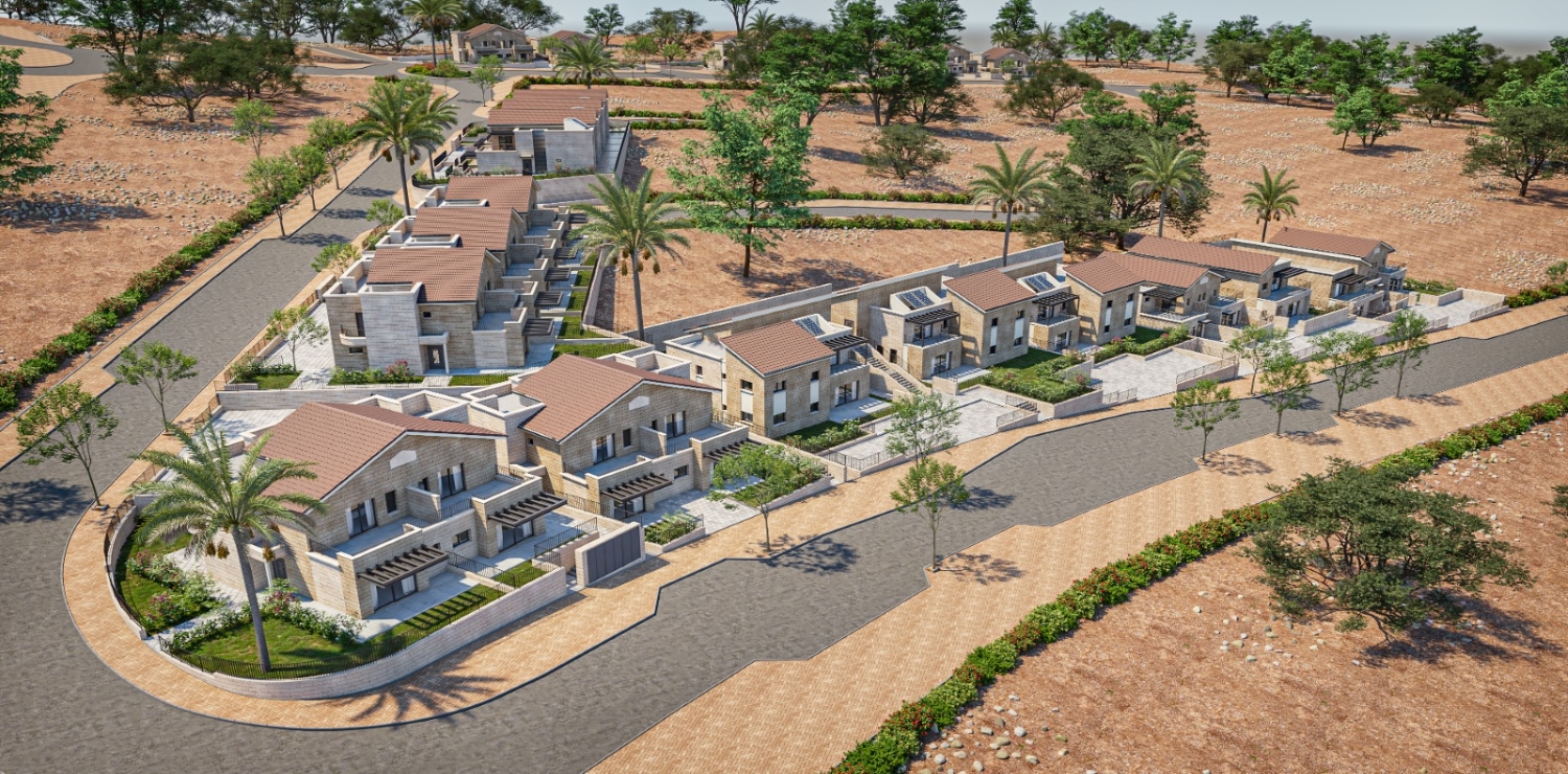 שכונת בתים עם גינה עצים מדרכה וכביש